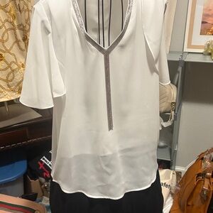 Women's White V-Neck Blouse with Rhinestone Trim